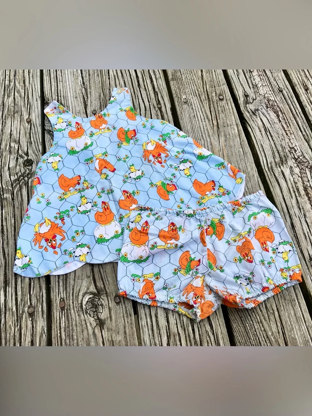 Vintage 80s Girls 2 Piece Matching Chicken Coop Outfit Swing Top Bloomers